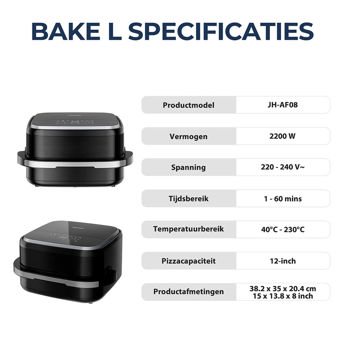 Rouny 12-Zoll-Pizzaofen und Heißluftfritteuse 2200 W – 11-in-1 – Doppelheizung – 360° Heißluft – 4,3 l – Schwarz