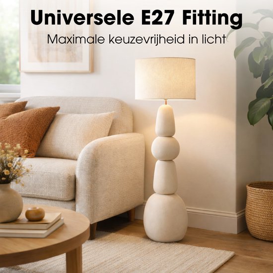 Mica Decorations - Menko Stehlampe für das Wohnzimmer – Mit Lampenschirm – 105 x ⌀38 cm – 60 W, E27, IP20 – Creme