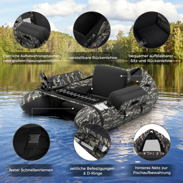 Coast Aufblasbares Fischerboot - Verstellbare Rutenhalter & Rückenlehne - 2 Hakenhalter - 135 x 109 x 54 cm - Camouflage