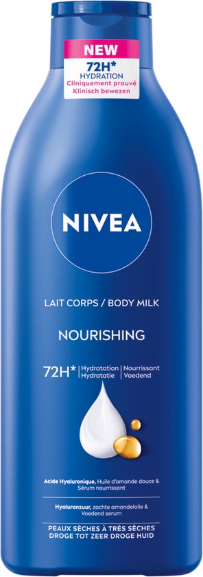 NIVEA Pflegende Körpermilch – mit Hyaluronsäure, sanftem Mandelöl und pflegendem Serum – Körpermilch mit 72-Stunden-Feuchtigkeitsversorgung – Für trockene bis sehr trockene Haut – 400 ml