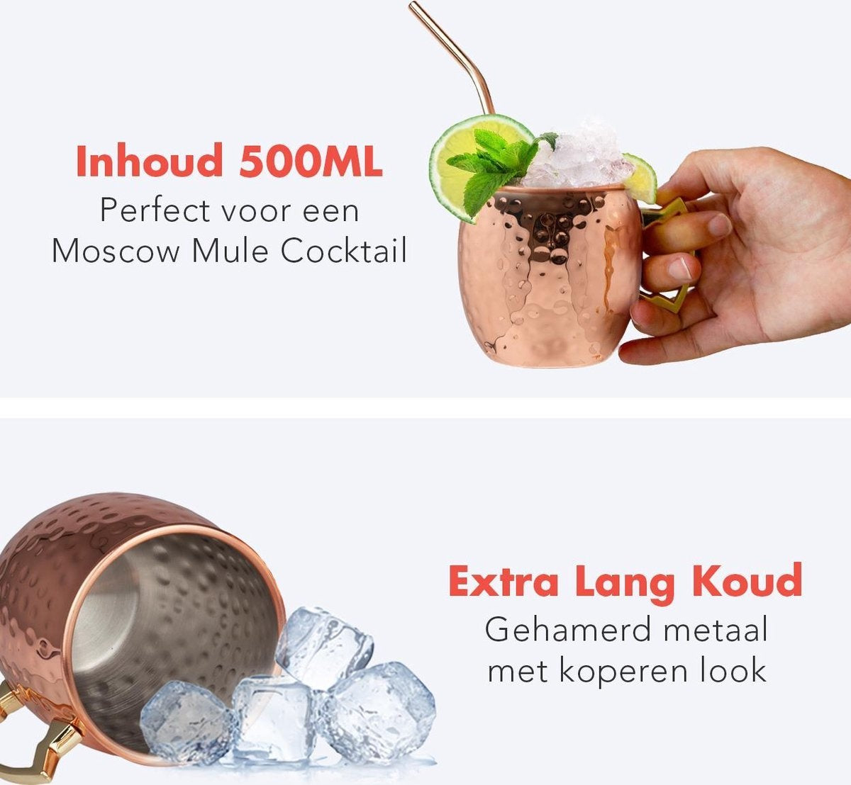 KitchenBrothers Moscow Mule Cups - Cocktailgläser mit Strohhalm - 4 Stück - gekupfert - 500ML