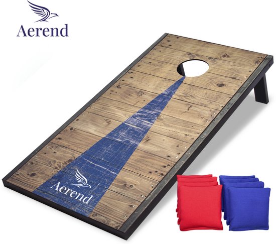 Aerend Cornhole-Set Spielbrett – 91 x 61 cm, inklusive 8 wetterfester Bean Bags und Tragetasche – wetterfestes MDF – rustikales Barnwood-Design – für Garten, Strand und Familienfeiern