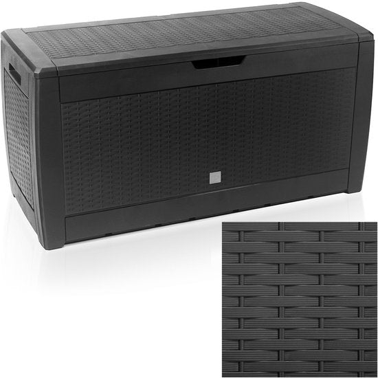 Aufbewahrungsbox 310 l, UV-beständig, wetterfest, mit Rollen, Gartenbox in Rattan-Optik, Anthrazit
