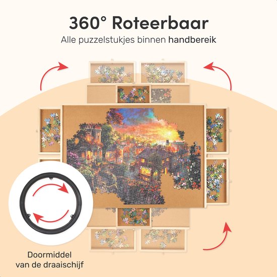 Drehbares Puzzlebrett mit Aufbewahrungssystem - 6 Schubladen - 1500 Teile - Holz - Puzzletisch - Puzzlebrett - Puzzlemappe - Puzzleteller - inkl. Schutzhülle - Puzzle - Matte - Koffer - Sortierschalen