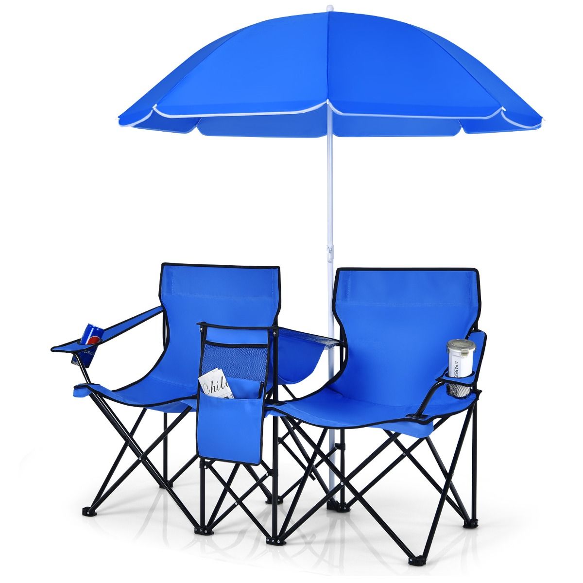 Coast Doppel Campingstuhl - Mit Sonnenschirm - Faltbar - Mit Getränkehalter und Kühltasche - Blau