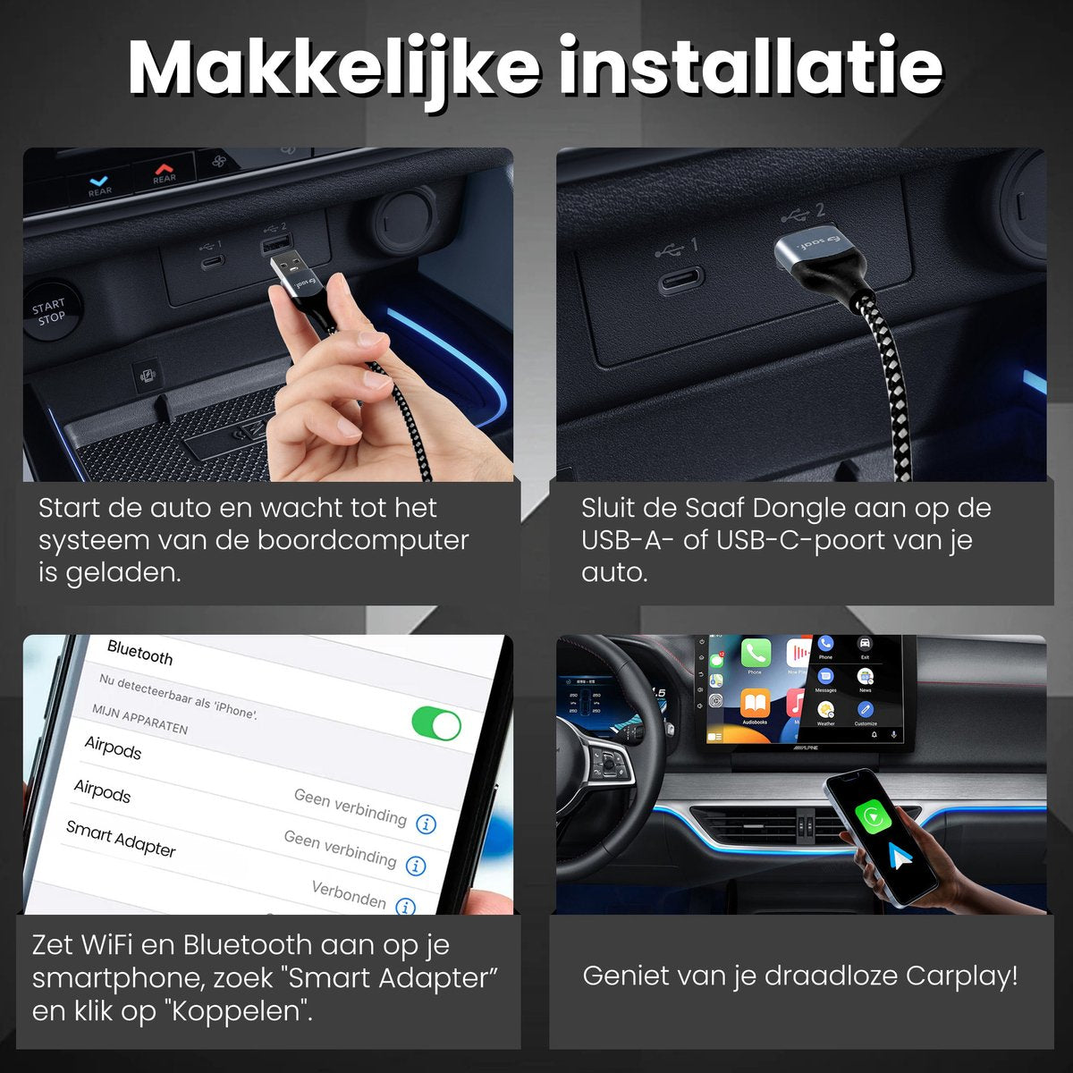 Saaf D200 Plus Apple CarPlay & Android Auto Dongle - Drahtlos - USB-C & USB-A - Kompakt 6,5 x 3,5 x 1,2 cm