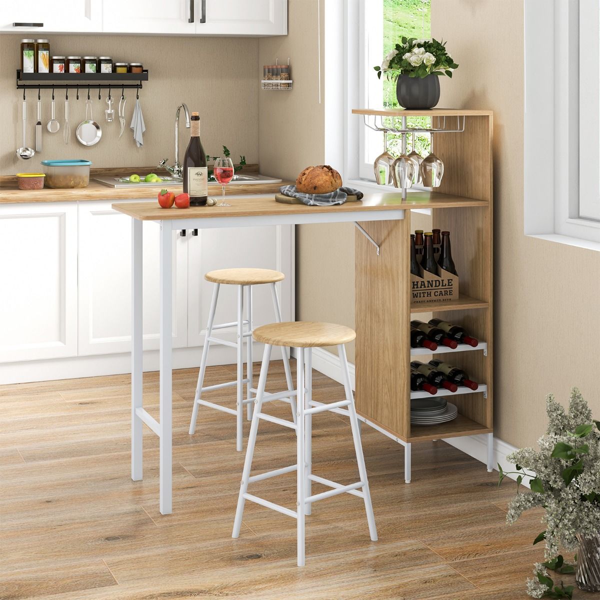Coast Bartisch mit 2 Hockern – Weinregal für 6 Flaschen – Bistrotisch für Wohnzimmer und Küche – 120 x 40 x 121,5 cm – Naturfarben