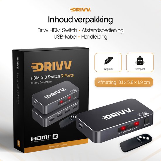 Drivv. HDMI Umschalter 4K 60Hz - 3 Eingänge 1 Ausgang - Inklusive Fernbedienung - Automatische Umschaltung - 780/1080p/4K - Schwarz