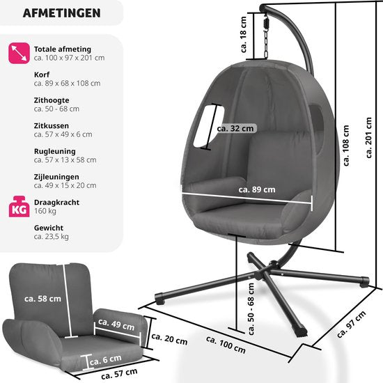 tectake Hängesessel mit Gestell - Schaukelstuhl mit Kissen + Rückenkissen - Möbel für Wohn- oder Schlafzimmer - Balkonmöbel - Für drinnen oder draußen - Bis 160 kg - Anthrazit
