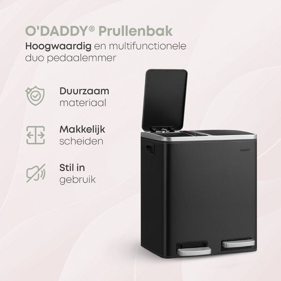 O'DADDYÂ® Mülleimer Abfalltrennung - 30 Liter - Softclose-Doppelfächer - Mülleimer - Mülleimer - Treteimer - Mülleimer - Mülleimer 2x 15L Fassungsvermögen - inkl. Müllbeutel - Kompaktes Design - Metall - Schwarz