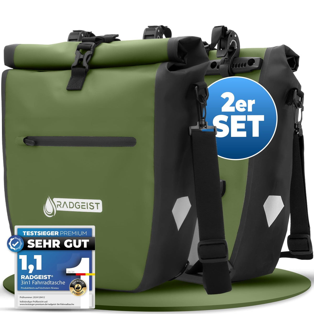 radgeist Fahrradtasche für Gepäckträger, wasserdicht – mit Reflektoren – 2-in-1-Seitentasche