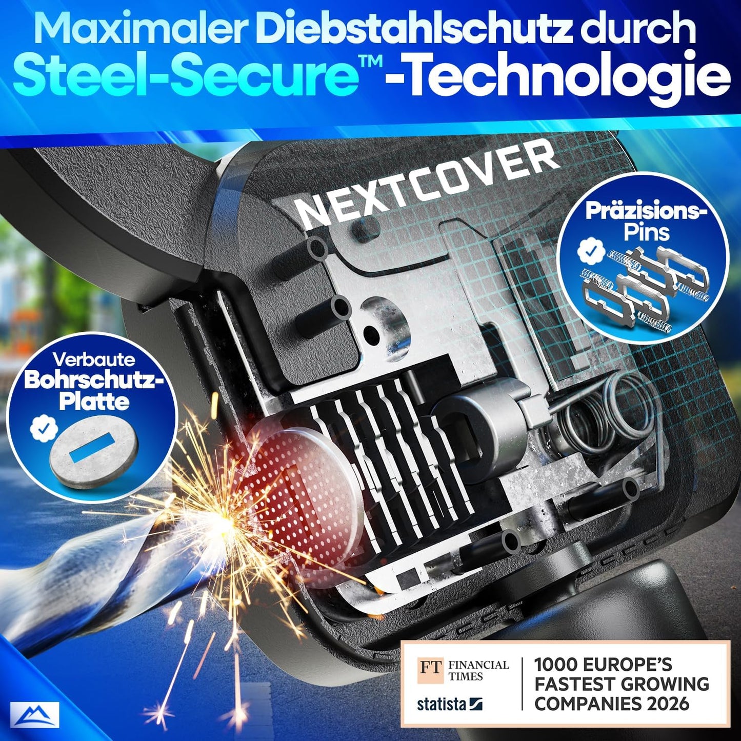 Nextcover E-Scooter-Schloss „Steel-Secure“ Kettenschloss – Rot – 25 x 13 x 13 cm – Schlüssel-Schloss für E-Bike und Roller