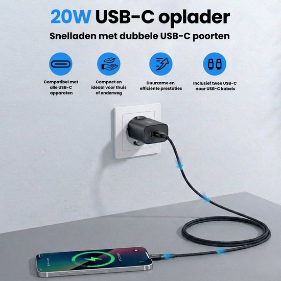 Faas USB C Ladegerät - Schnellladegerät - 40W - 2x 20W Port - 2 Kabel - 1,5 Meter - USB C Kabel - USB C zu USB C - Schwarz