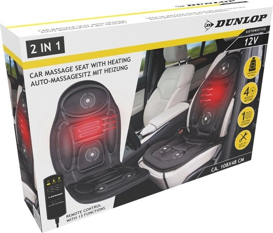Dunlop Massagesitz Auto mit Heizfunktion - 108 x 48 CM - 4 Massagemotoren und 1 Heizelement - Anschluss an Zigarettenanzünder Auto - Fernbedienung mit 13 Stufen - Schwarz