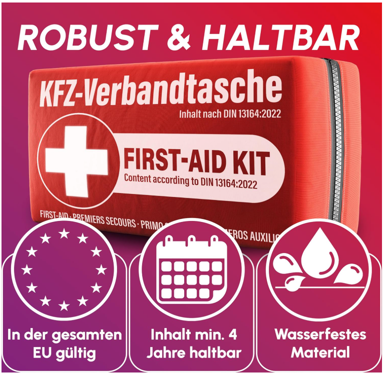 HELDENWERK - Erste-Hilfe-Kasten & Verbandskasten Auto - DIN 13164:2022 Standard - Rotes wasserabweisendes Nylon - Inklusive Atemtücher & Masken - Für Auto & Motorrad - Kompakt & Sicher