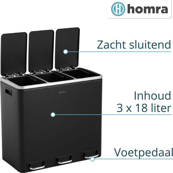 Homra - Mülleimer - Mülltrennsystem  - 3 Fächer - 3 x 18 L Fassungsvermögen - 54 Liter - Edelstahl - Schwarz