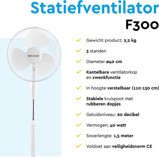 BRASQ Stativventilator - 40 cm - Weiß - Höhenverstellbar - 3 Geschwindigkeiten - 40 Watt