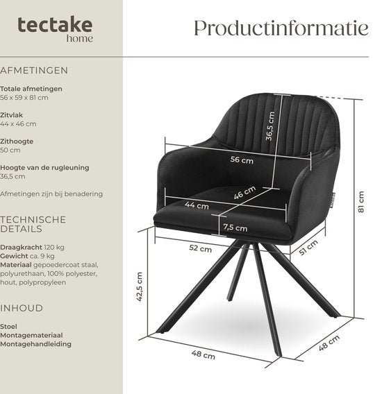 tectake® Velvet swivel chair - Bürostuhl - Esszimmerstuhl mit Armlehnen - Velvet office chair, kitchen chair, living room chair - 56 x 59 x 81 cm - Schwarz/Schwarz
