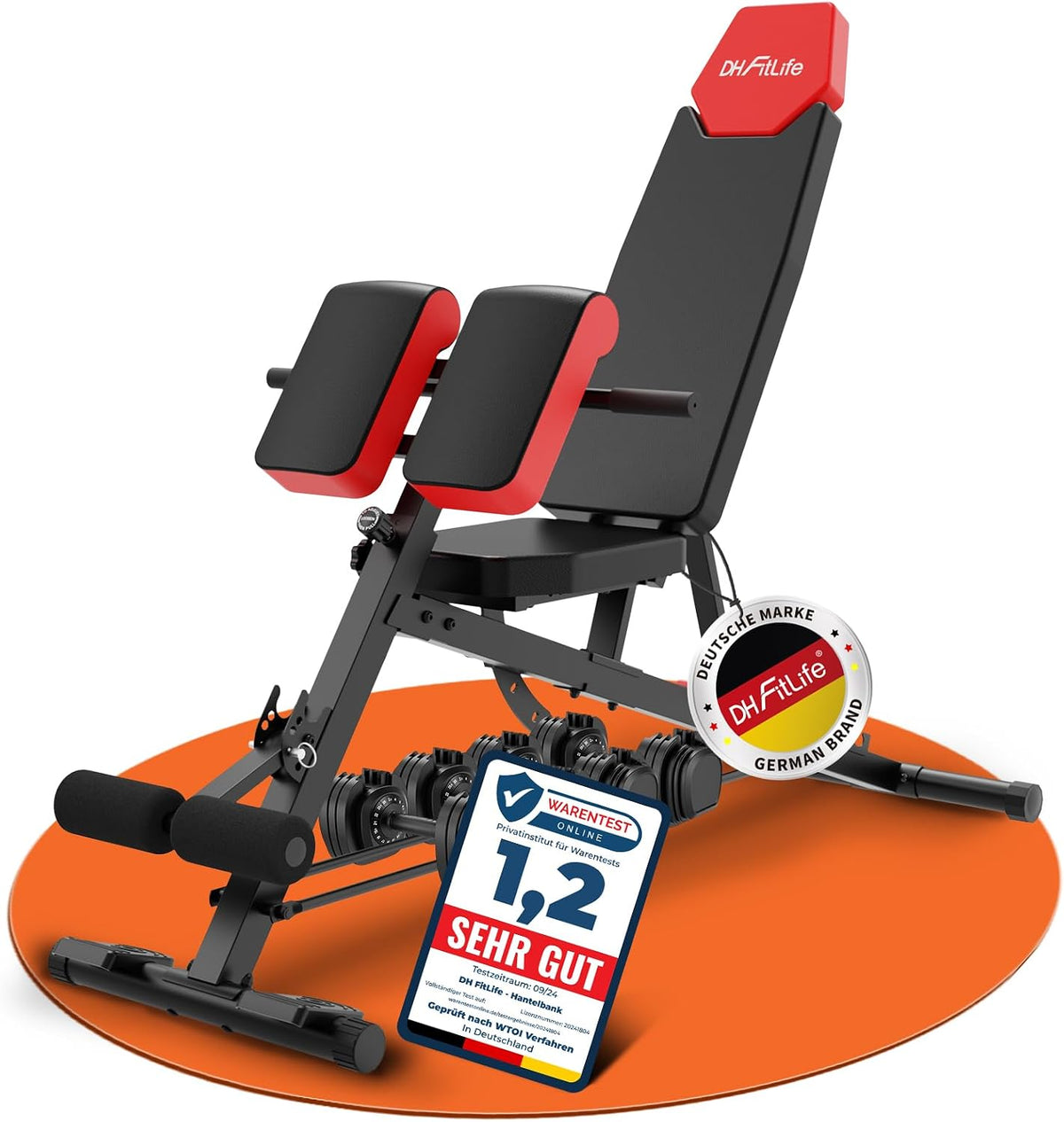 DH FitLife 6-in-1-Hantelbank – Verstellbare Rückenlehne – Hyperextension & Nordic Curl – Bis zu 350 kg – 163 x 50 x 130 cm – Schwarz