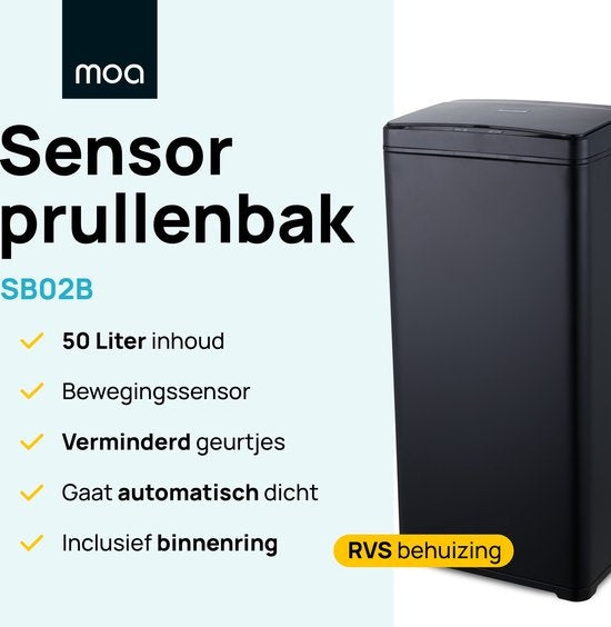 MOA Prullenbak met Sensor - 50 liter - Afvalbak - Vuilnisbak RVS & duurzaam ABS - Non-slip - Geruisloze deksel - Vertraagd sluiten modus - Zwart - SB02B