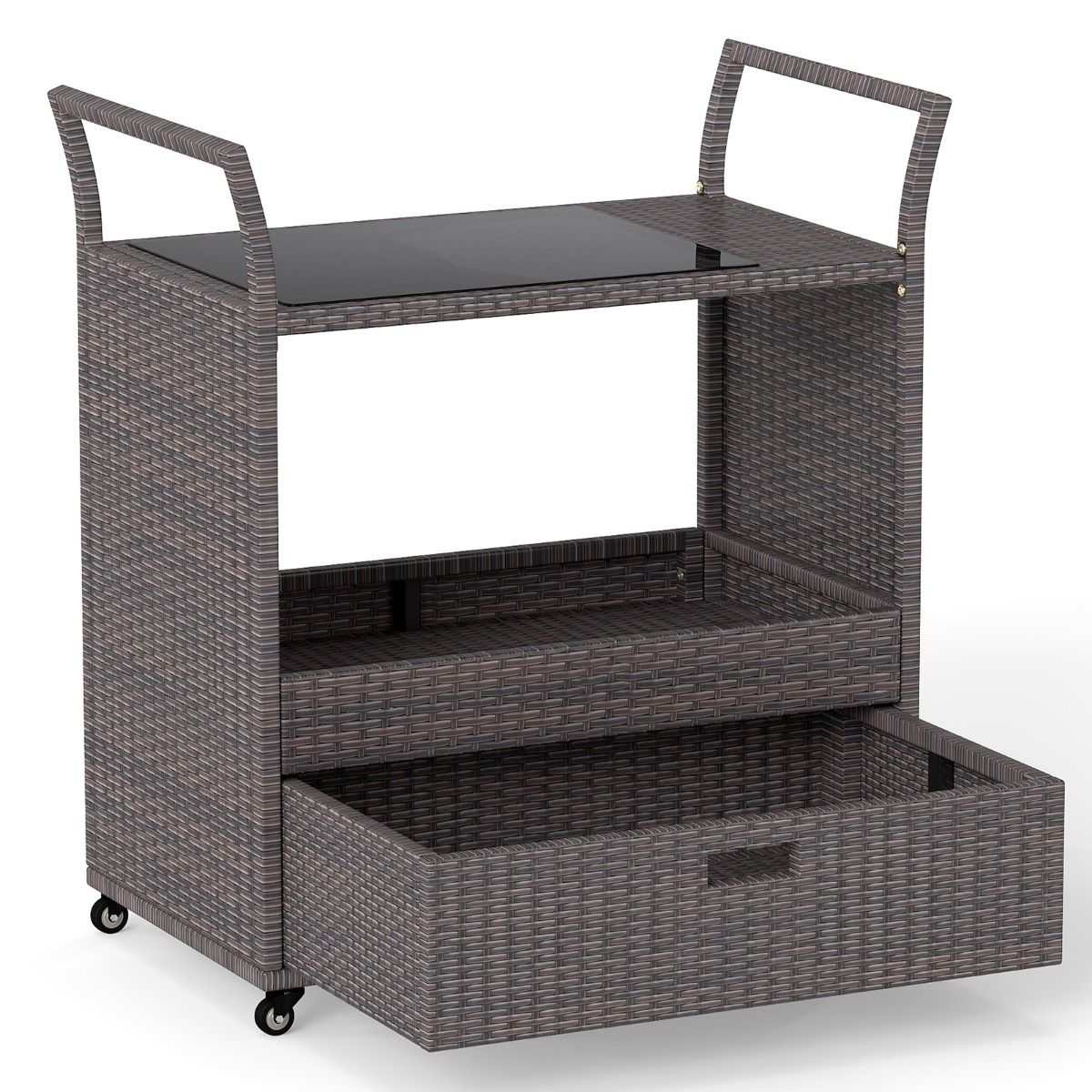 Coast Barwagen aus Korbgeflecht – mit Platte aus gehärtetem Glas – große Schublade und offenes Regal – braun – 85 x 47 x 92 cm