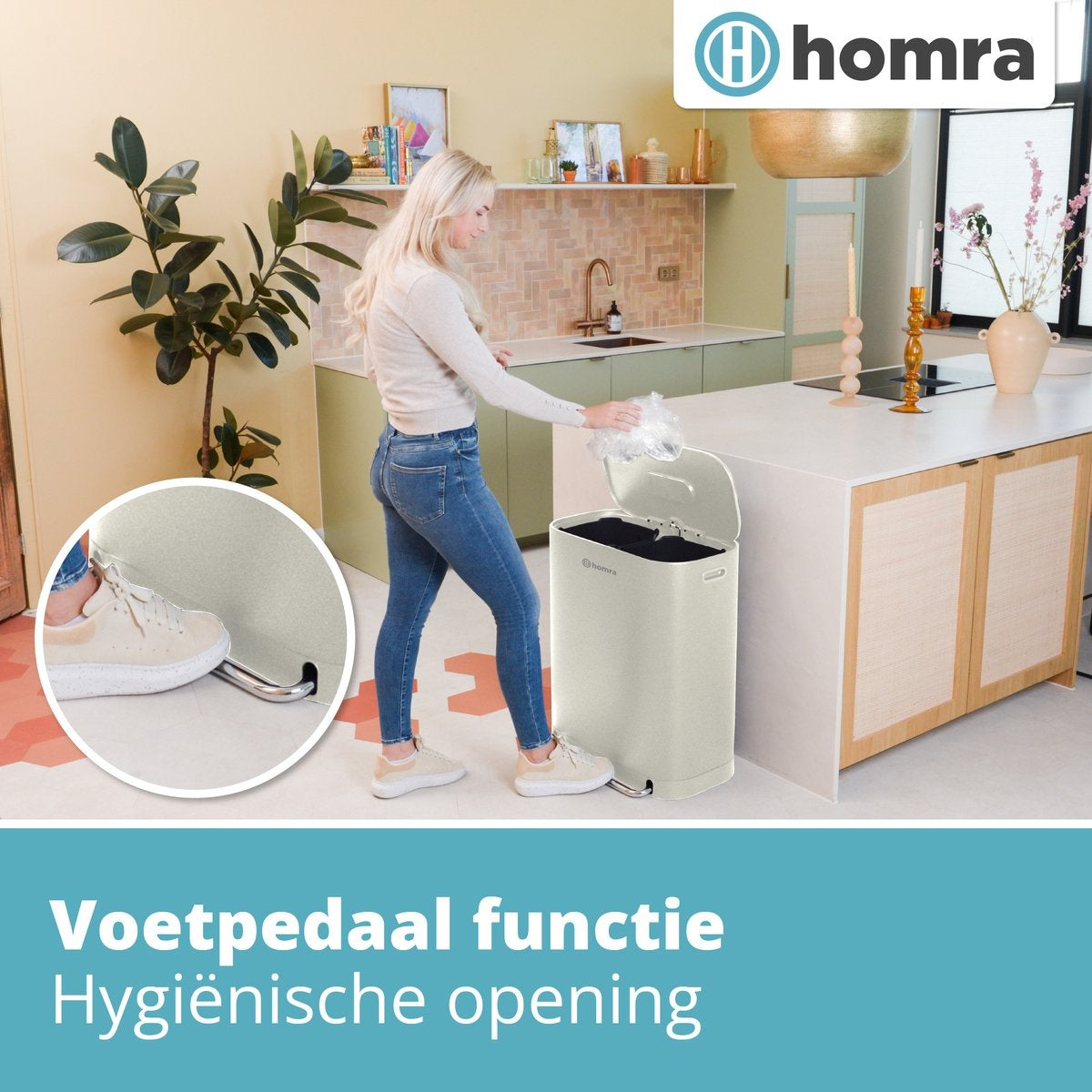 Homra Rockx Mülleimer 60 Liter - Duo-Treteimer 2X30L mit Geruchsfilter - Edelstahl Mülltrennung Mülleimer 2 Fächer - Recycling Mülleimer - Mülleimer Küche Mülltrennung - Abfalleimer - Doppelmülleimer Weiß Creme