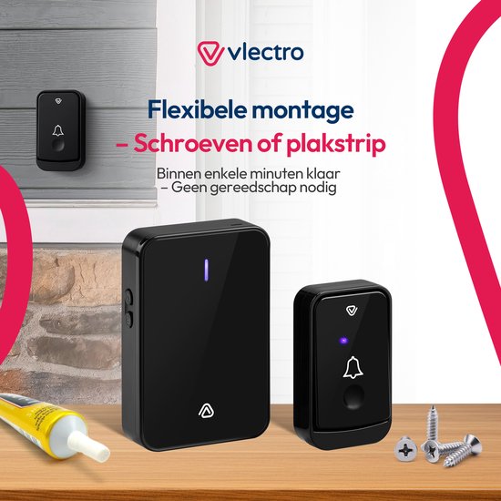 Vlectro - Drahtlose Türklingel mit 1 oder 2 Empfängern - Schwarz - Türklingel mit 2 Empfängern