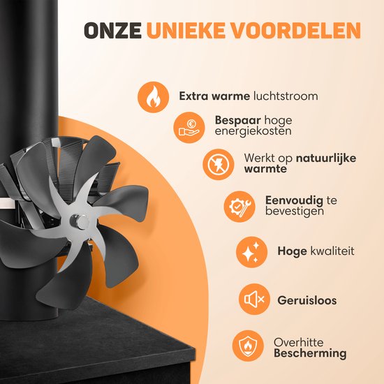 Vulpes Goods® Tech - Ofenventilator für Kaminöfen - Kaminofenventilator - Ecofan - Wärmeventilator - 6 Flügel - Inkl. Thermometer & Handschuh - PRO Version