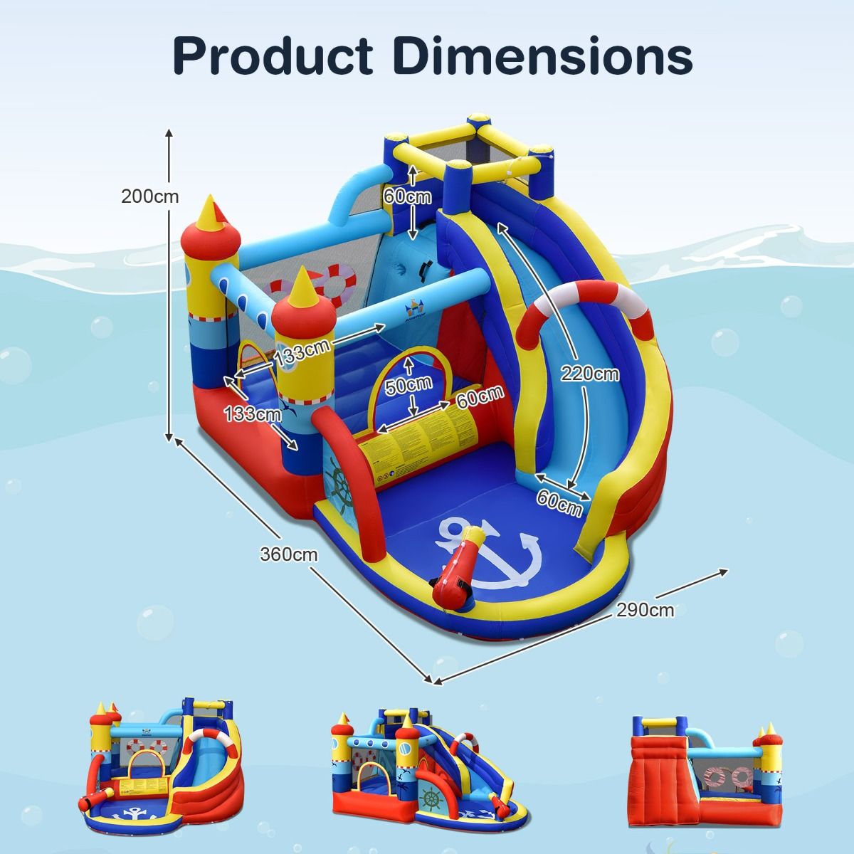 Coast Aufblasbare Spielburg „Piratenschiff“ – 5-in-1-Wasserpark mit Rutsche und Kletterwand – inklusive Wasserpistole und Ventilator – 360 x 290 x 200 cm