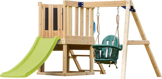 AXI Timo Mini-Spielgerät mit Babyschaukel, Kletterwand und Kreidetafel – Rote Rutsche – FSC-Holz – Kleines Spielgerät für den Garten / den Außenbereich
