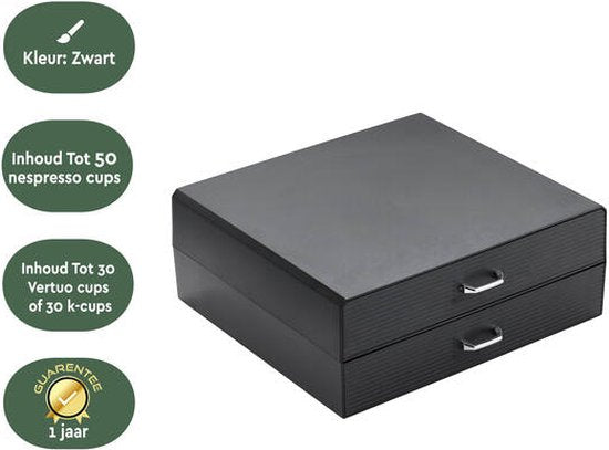 BRASQ Kapselhalter für Nespresso Tassen - für Dolce Gusto Tassen - Bis zu 50 Tassen - Kaffeetassenhalter Schwarz - Aufbewahrungsbox mit 2 Schubladen - Vertuo - K-cup