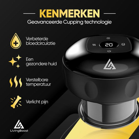 LivingBoost® Elektrisches Cellulite-Massagegerät - Inklusive Gua Sha - 12 Stufen und Temperaturen - Ganzkörper - Schröpfkopf-Set Massage - Anti Cellulite