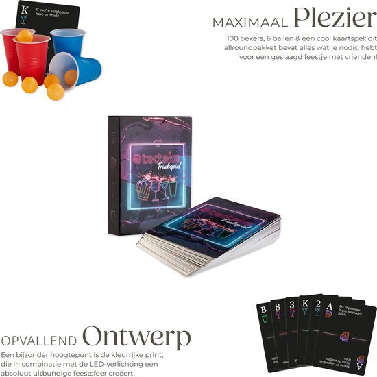 tectake® Bier-Pong-Tisch - Mit Partydekoration - LED-Beleuchtung - Bier-Pong-Tisch höhenverstellbar und klappbar - Trinkspiel mit Zubehör - 100x Plastikbecher, 6x Tischtennisbälle, Kartenspiel mit Karten