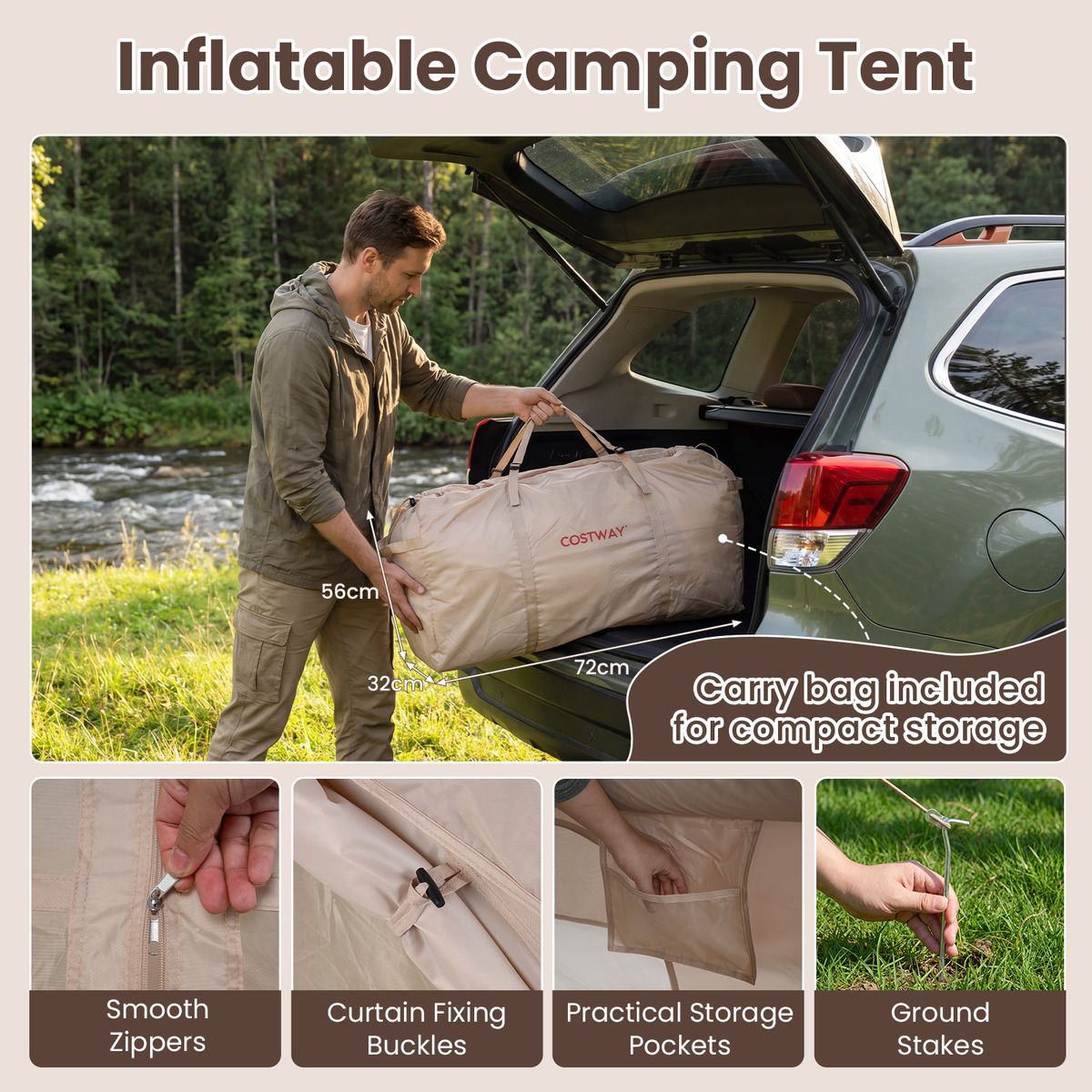 Coast aufblasbares Campingzelt – 4 Personen – 2 Türen und Dachfenster – khaki – 295 x 205 x 200 cm