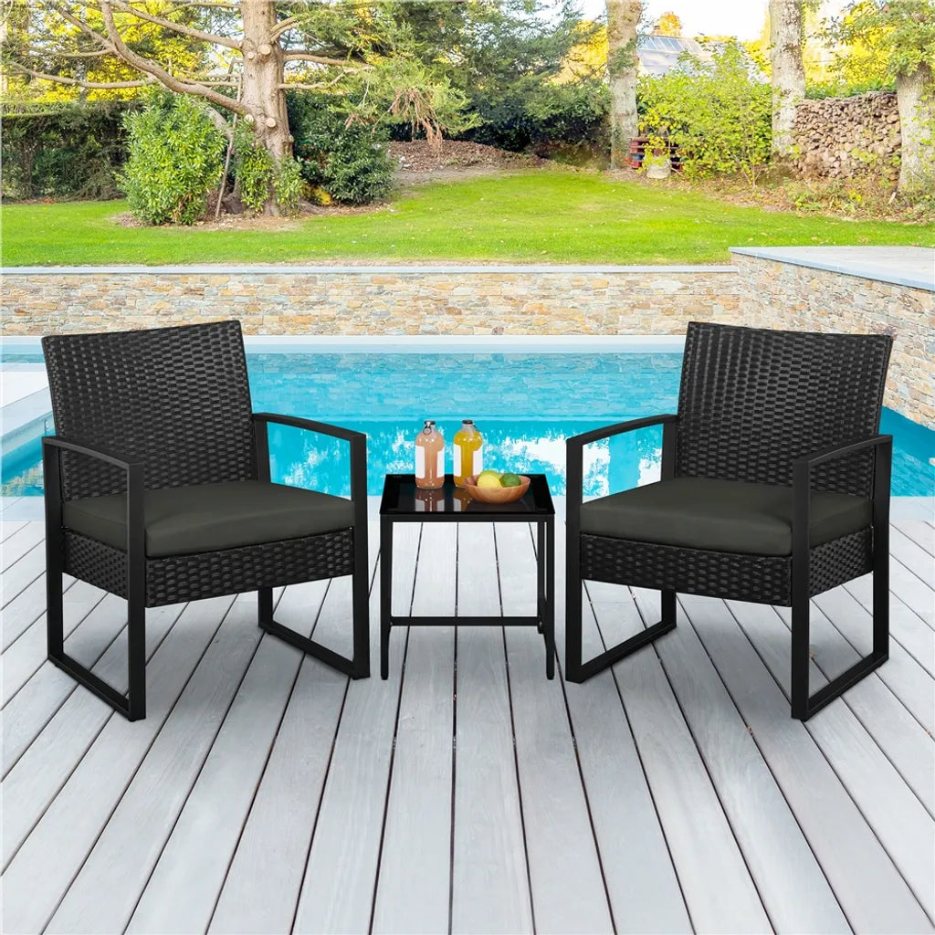 Yaheetech Gartenmöbel-Set, 3-teilig – Schwarz/Grau – Balkon-Set aus Polyrattan mit Beistelltisch