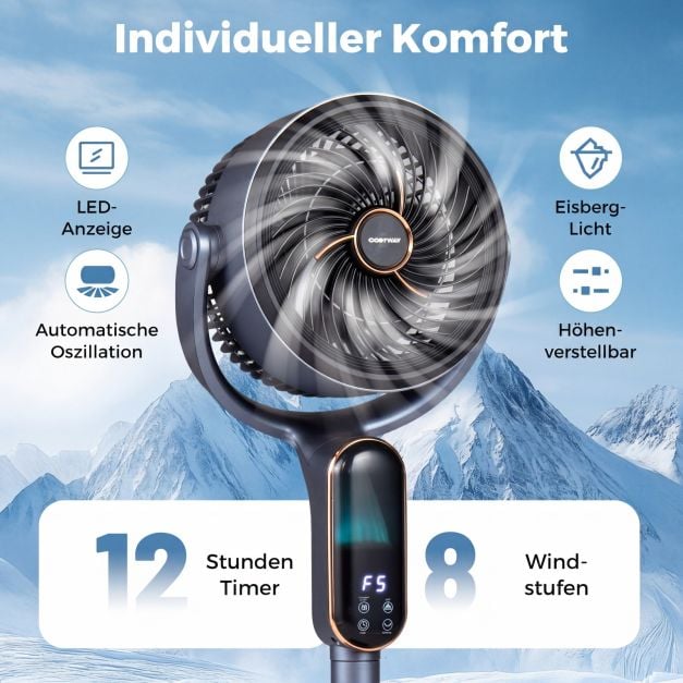 Coast Verstellbarer Stativventilator – 8 Geschwindigkeitsstufen – 54–96 cm – Grau