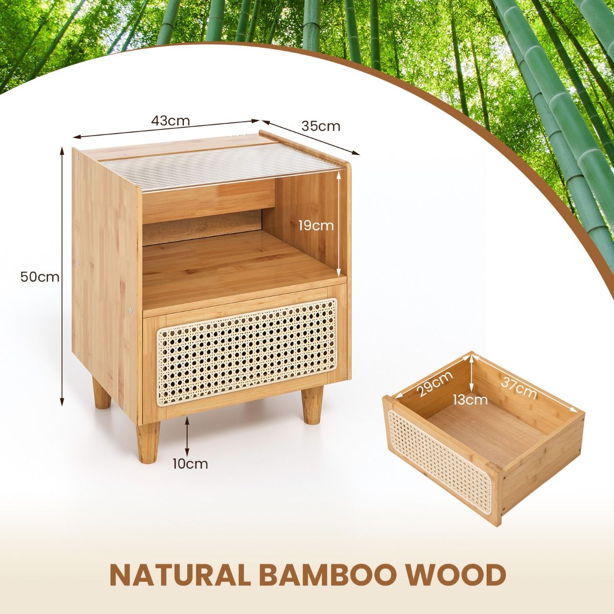 Coast Nachttisch-Set, 2er-Set – Bambus und Rattan – Schublade und offenes Fach – naturfarben, 43 x 35 x 50 cm