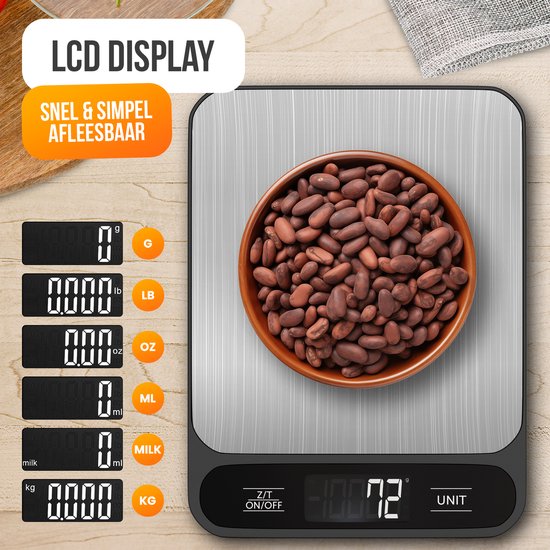 Strex Digitale Küchenwaage - Küchenwaage - 1 g bis 10 kg - Tara-Funktion - Inklusive Batterien - Edelstahl/Schwarz