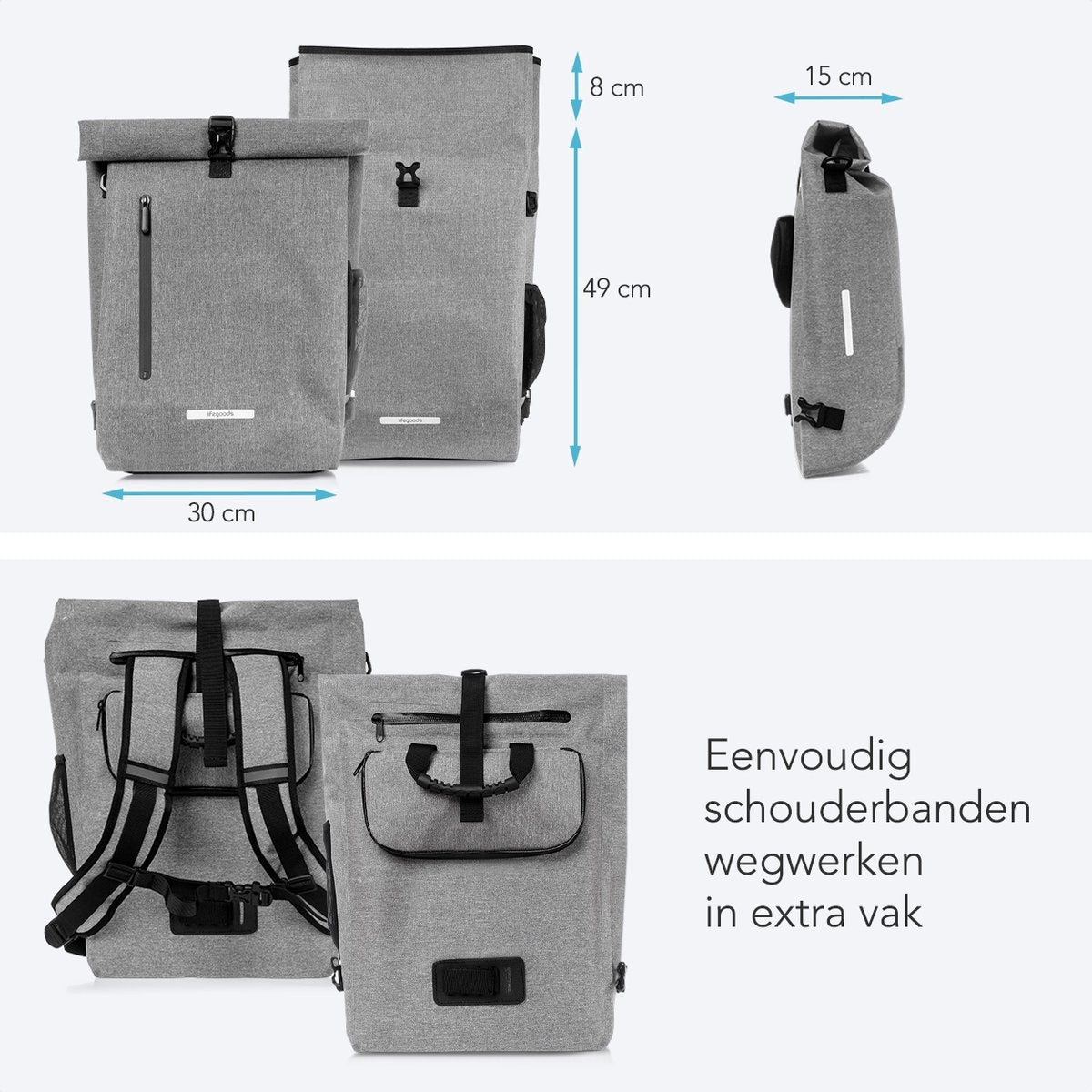 LifeGoods Single Bicycle Bag - Kompakt - Umhängetasche und Rucksack - 25L - Runder Gepäckträger - Wasserdicht - Grau