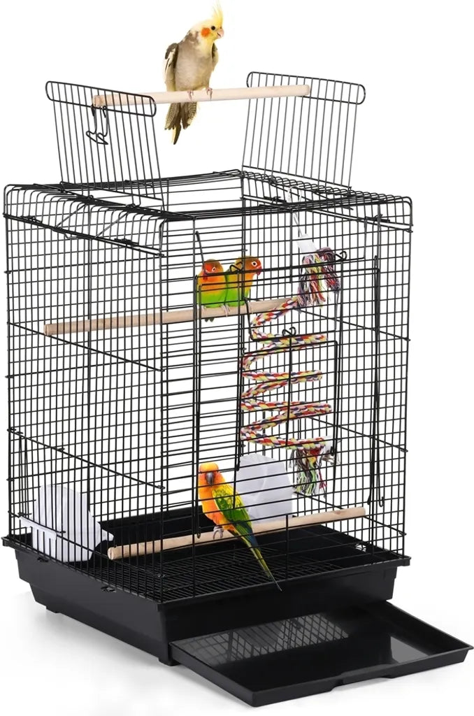Yaheetech Vogelkäfig mit Spielzeug und aufklappbarem Dach – Schwarz – 40 x 40 x 58 cm