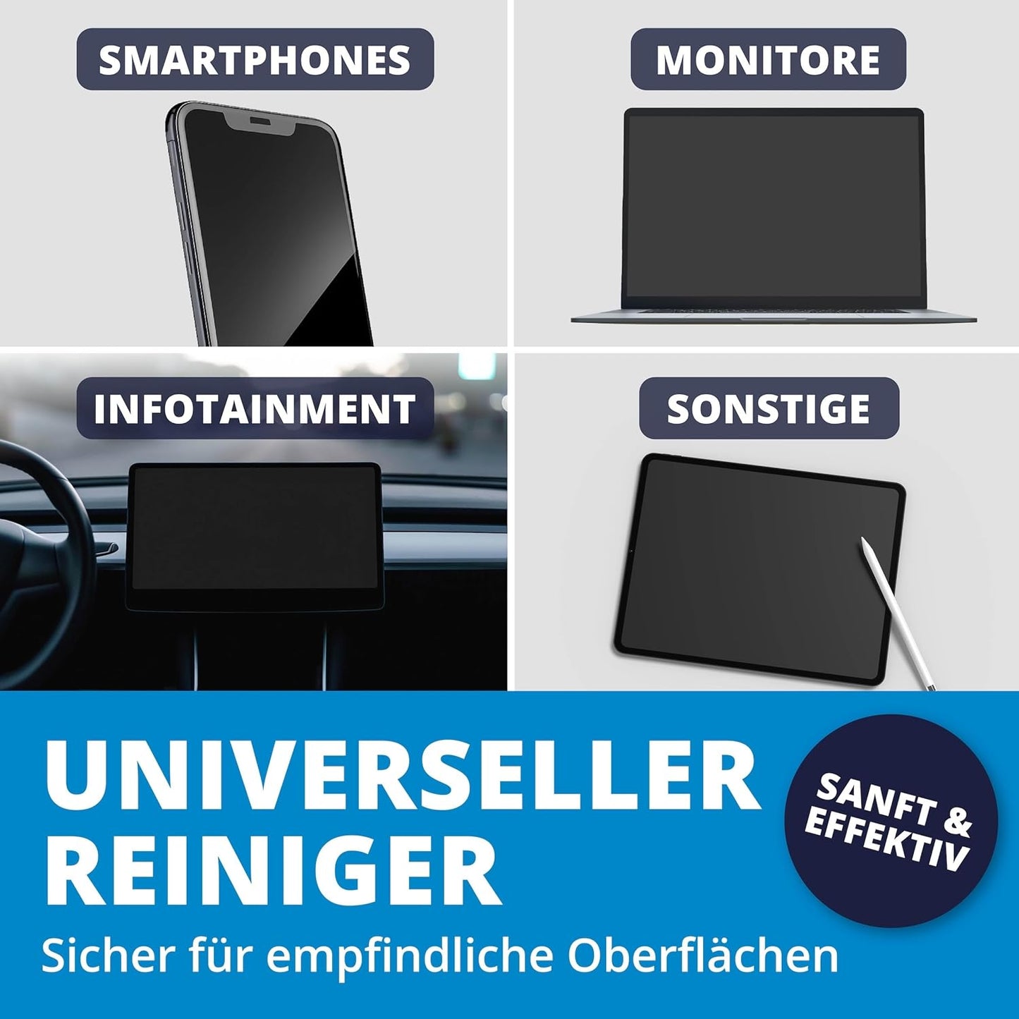 LICARGO Bildschirmreiniger-Spray 300 ml – ohne Streifen & alkoholfrei – für Fernseher, Monitore, Laptops, Tablets und Autodisplays