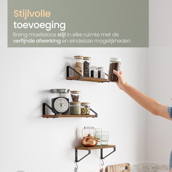 O'DADDY® Schweberegale - Wandregal - Vintage Design - Wandregal - Holzregale für die Wand - Bücherregal - Wandregale & Racks - 3 Stück - Braunes Holz - Schwarzes Metall
