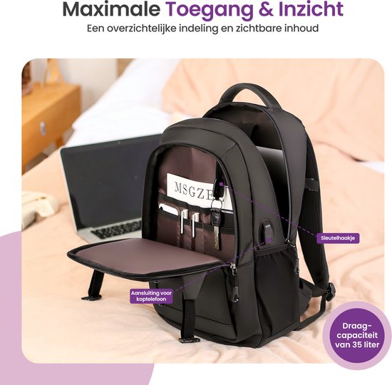 Gofun Rucksack - 35L - 15.6-inch - Wasserdicht & Anti-Diebstahl - USB-Anschluss - Rucksack - Schultasche - Laptop-Tasche - Schwarz