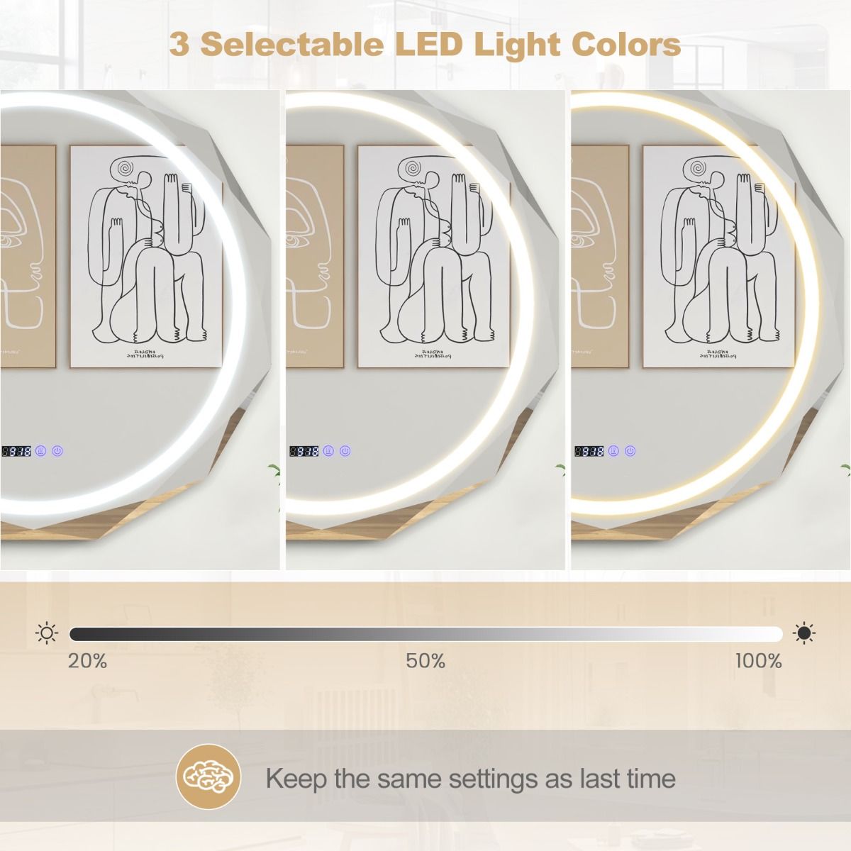 Coast LED-Badezimmerspiegel 76x76 cm Silber/Weiß mit Anti-Beschlag, Beleuchtung, Uhr und Temperaturanzeige