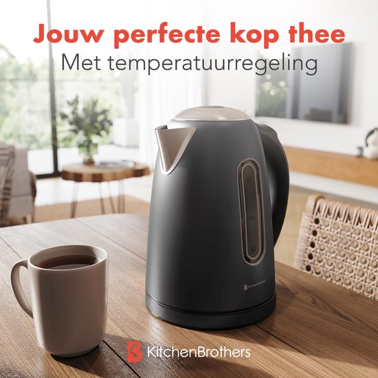 KitchenBrothers - Wasserkocher - Mit Temperaturregelung - Elektrisch - Mit Kalkfilter - 1,7L - Schwarz/RVS