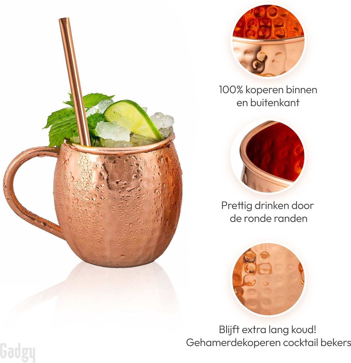 Gadgy Moscow Mule Cups Set - 100% Kupfer - Cocktail-Set : 2 Cocktailgläser, 2 Strohhalme & 1 Bar-Maß