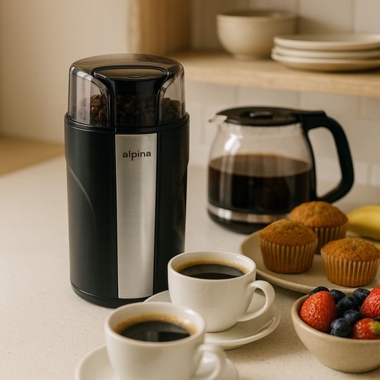 alpina Elektrische Kaffeemühle 200 W – Kaffeemühle für 70 g Kaffeebohnen – Kaffeemühle mit Edelstahlmessern – Mühle mit Sicherheitsverriegelung – Schwarz