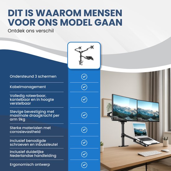 TTD - Monitorarm für 2 Monitore und 1 Laptop - Vollständig drehbar - Höhenverstellbar - Aluminium - Schwarz