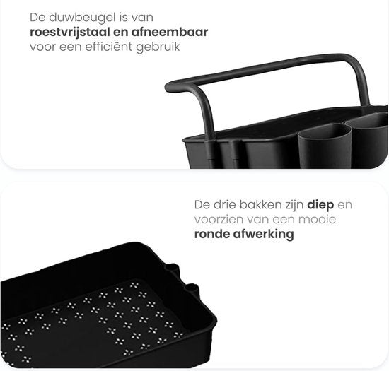 Goliving Küchenwagen auf Rädern - Servierwagen - Küchenwagen - Mit Haken und Tabletts - Mobil und feststehend - 3 Ebenen - Schwarz