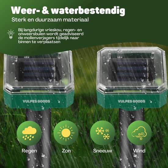 Vulpes Goods® Repellent - Mole Repellent - 4 Stück - Mouse Repellent - Mole Repellent - Funktioniert mit Solarenergie - Wasserdicht - Tierfreundlich - Sauberer Garten, Rasen oder Grundstück!